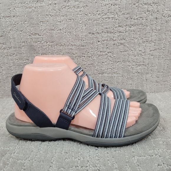 Skechers Women's Size 9 Raggae Slim Navy Blue Silver Memory Foam Slip On Sandals - Picture 2 of 12